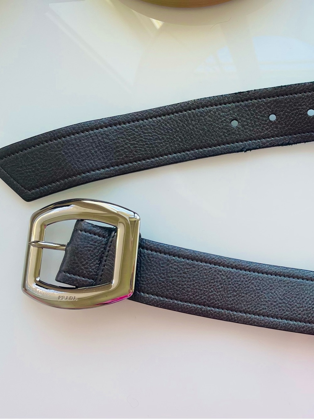 Prada Authentic dark gray with shimmer Leather Belt with Silver Buckle 1.5”